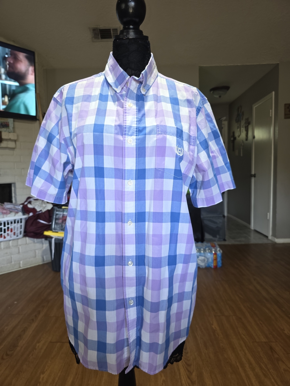 Chaps Short-Sleeve Plaid Button-Down Shirt in Blue & Purple